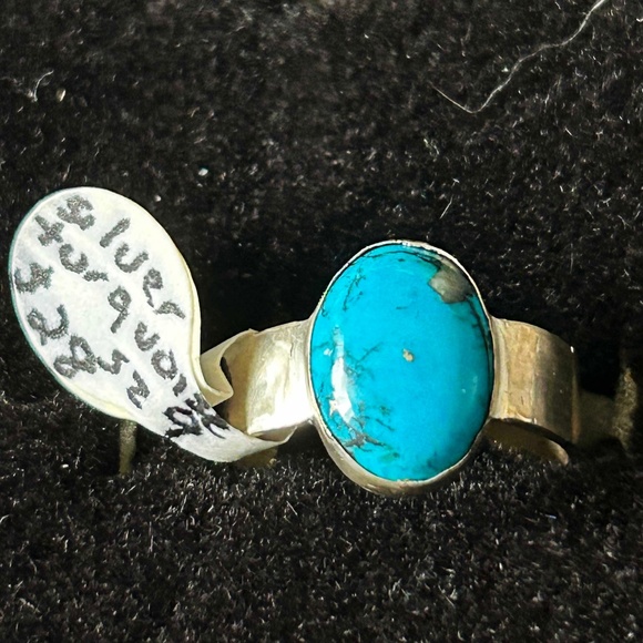 TURQUOISE GEM, STERLING SILVER RING, SIZE 8, OVAL CABOCHON, HANDMADE, BEZEL SET, - Picture 1 of 2